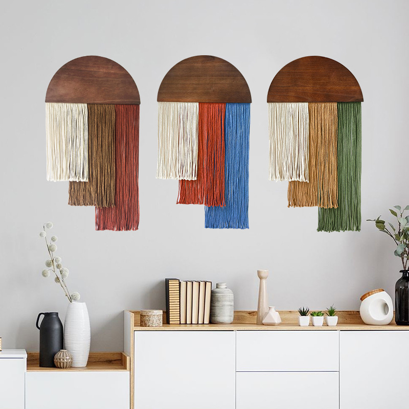 Wall Scroll Tapestry - Halbrunder Holz-Quasten-Wandteppich Dreifarbige Stufengereihte Quasten-Wanddekoration Hotel-Wanddekoration