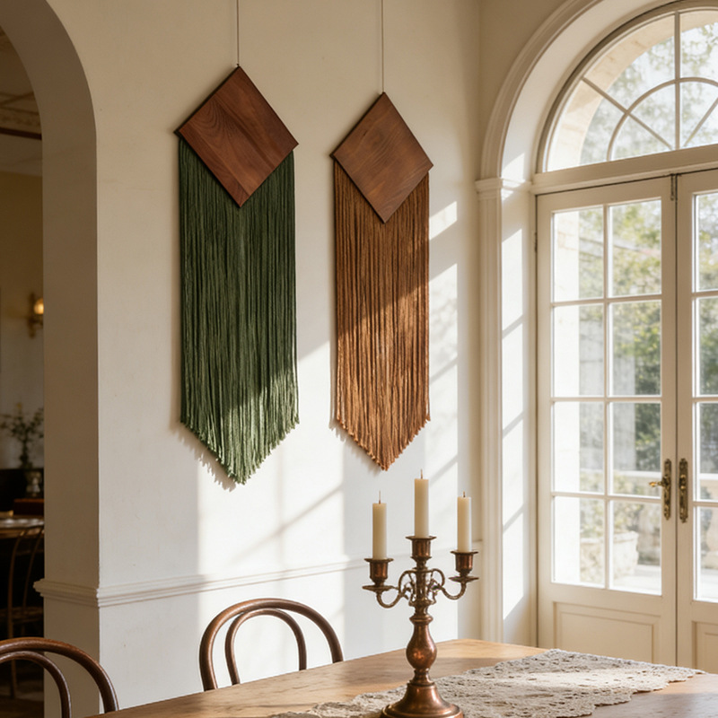 Wall Scroll Tapestry - Böhmischer Baumwollseil-Wandteppich mit Fransen, Diamant-Holzbrett-Wanddekoration für