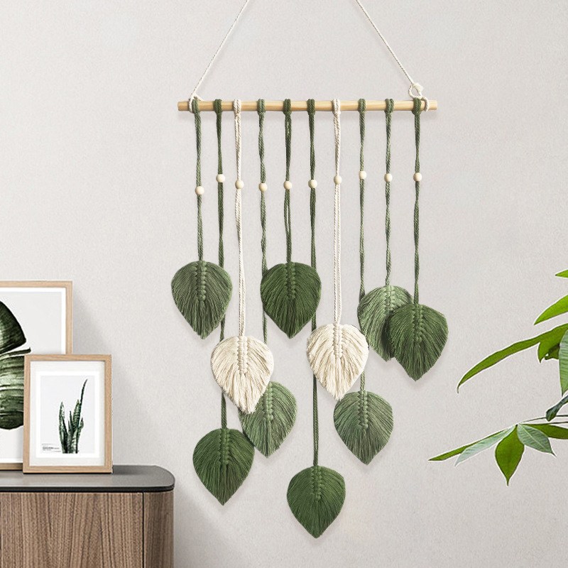 Wall Scroll Tapestry - Handgefertigter Blatt-Wandteppich mit Holzperlen Dekorative Wandbehänge